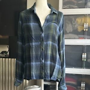 Cloth & Stone Navy and Olive Plaid Shirt